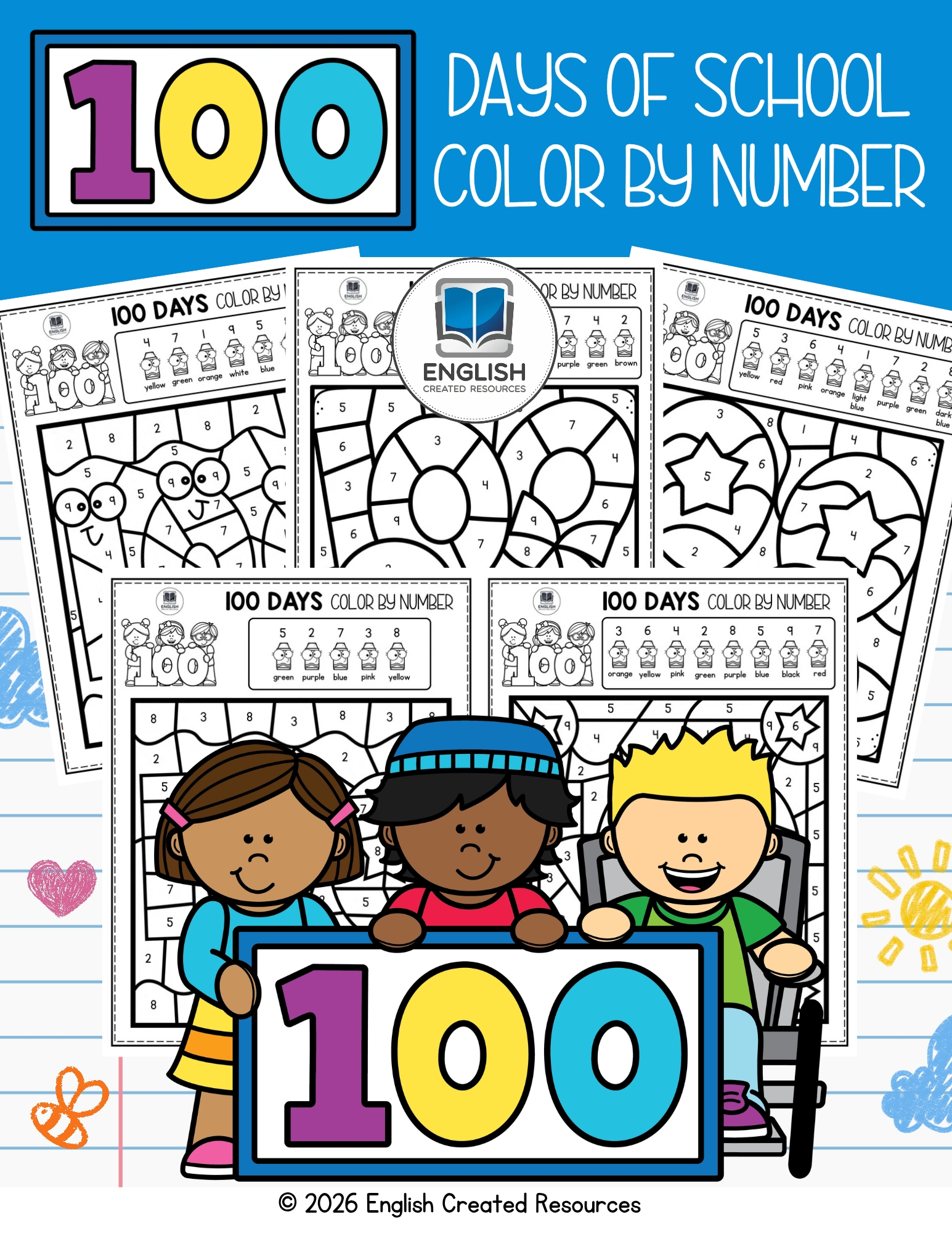 100 Days of School Color by Number – English Created Resources